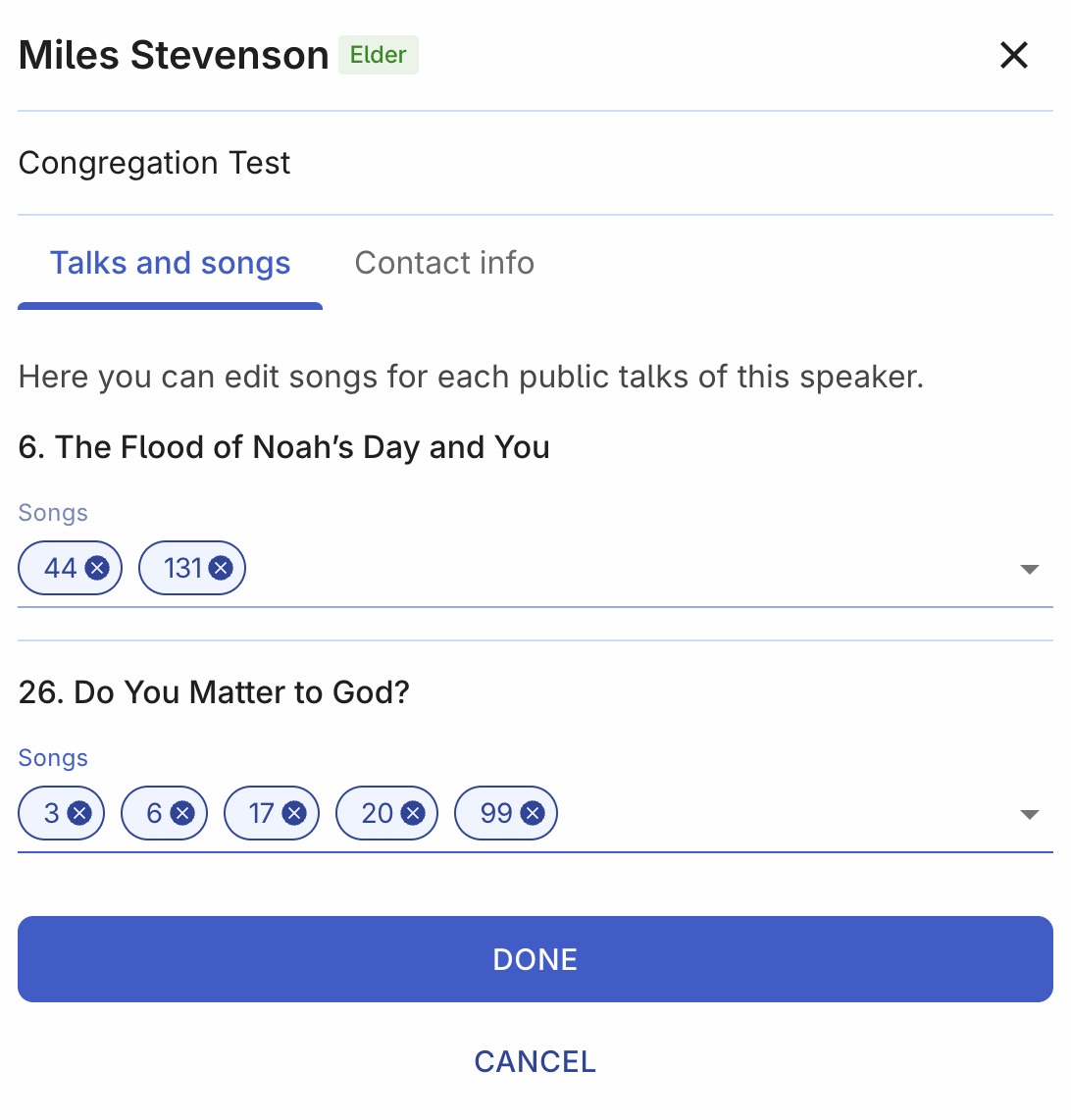 More details about speaker's talks, songs and contact info