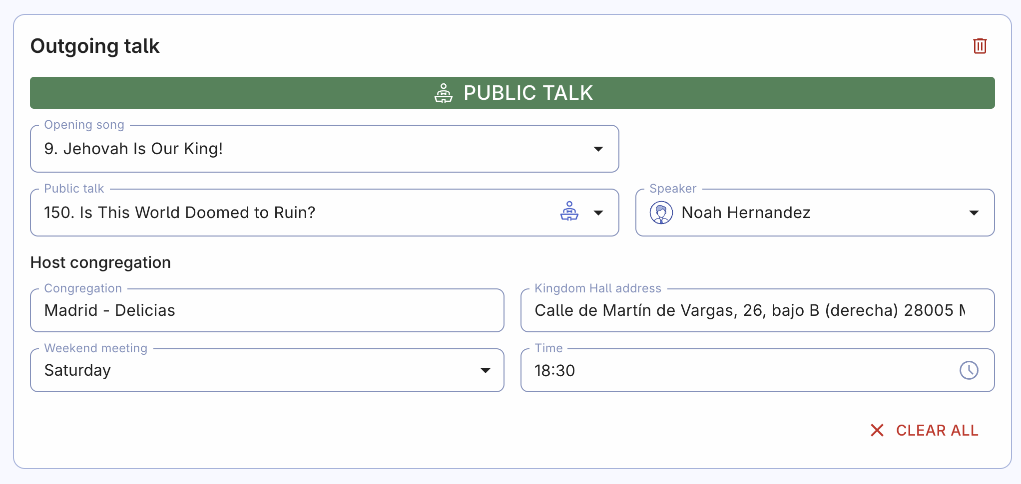 Congregation and speaker details for outgoing public talks of Jehovah's Witnesses